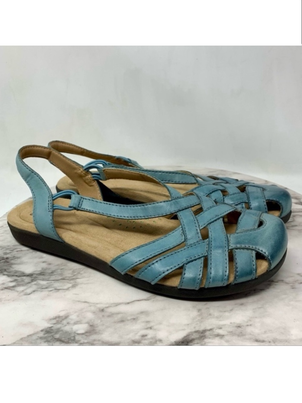 Earth Origins Nellie Parisian Blue Leather Multi Strap Comfort Sandals 9.5 Retro